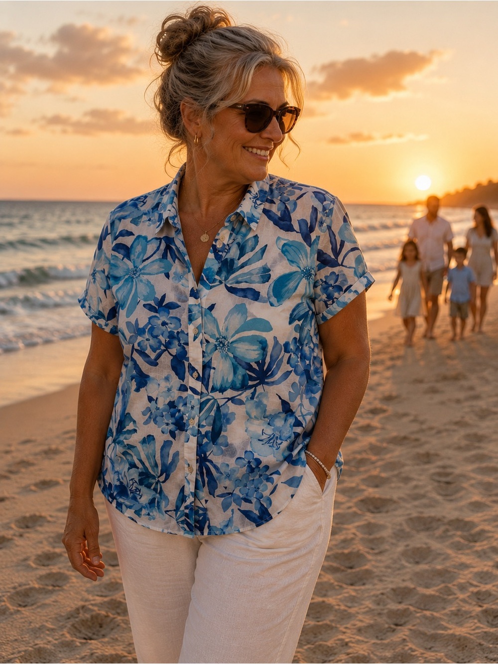 Coastal Grandma Floral Hawaiian Shirt Blue White Tropical Button Up XL